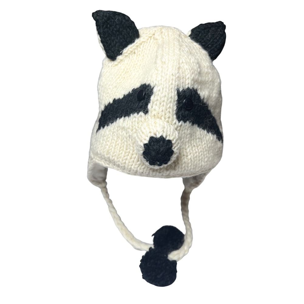 Raccoon‎ Nepal Wool Earflap Beanie Hat Hand Knit Cream Black Whimsical OS